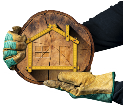 Carpenter with protective work gloves holding a cross section of a tree trunk with a yellow wooden folding ruler in the shape of house, isolated on white or transparent background. Png.