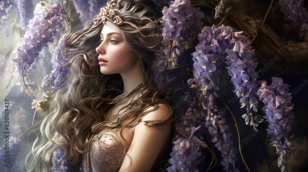 Poster an ai-generated painting of wisteria blooms cascades down a canvas, creating a breathtaking display 