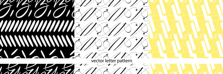 A set of geometric vector patterns on a plain isolated background. Geometric ornament. Set of patterns with black and white letters