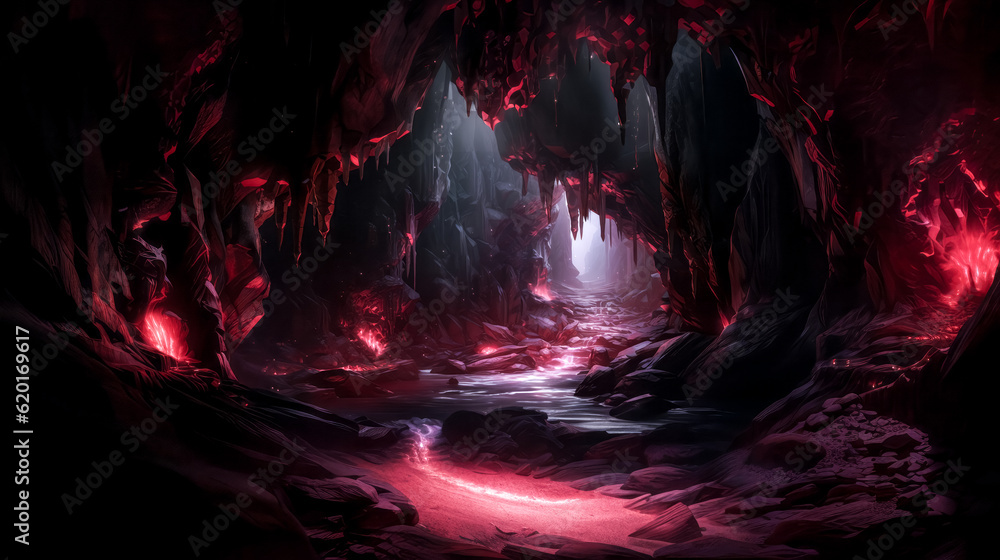 Poster he gazed upon the awe-inspiring sight of a waterfall cascading into a ruby cave.