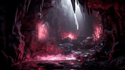 In a beautiful cave, a waterfall cascades over walls of vibrant rubies.