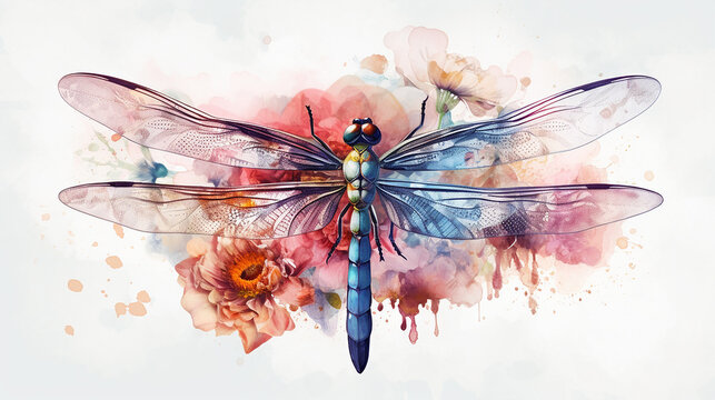 Watercolor dragonfly botanical illustration. 
