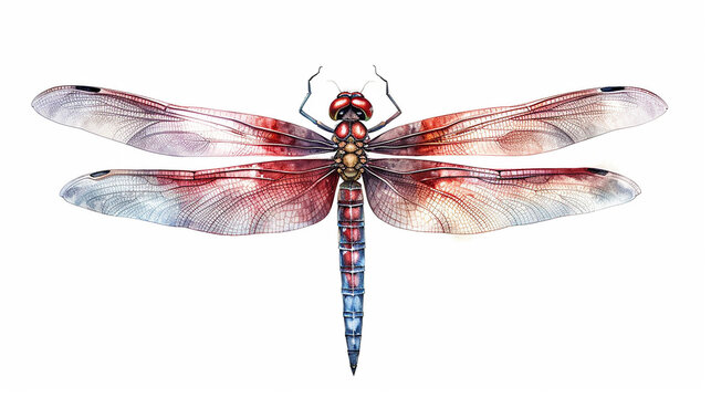 Watercolor dragonfly botanical illustration. 