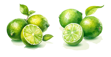 Lime, watercolor painting style illustration. Vector set.