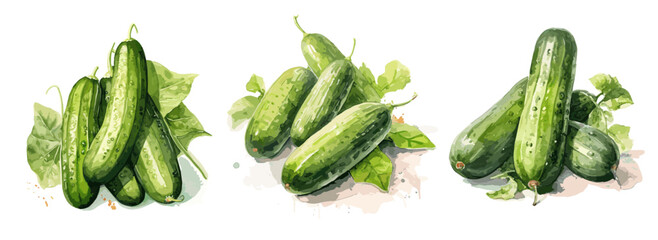 Cucumber, watercolor painting style illustration. Vector set.