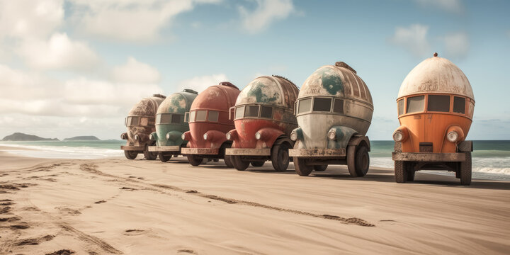 Five cement trucks drive along a beach, transporting materials.