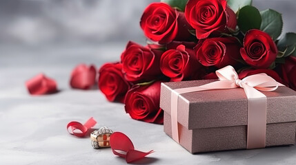 Valentines day marry me wedding engagement ring in box with red roses bouquet and ribbon heart shape gift surprise on grey background with copyspace. Love gift woman making proposal romantic holiday
