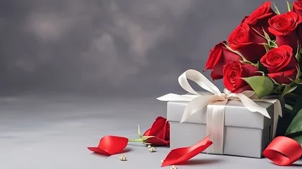 Foto op Canvas Valentines day marry me wedding engagement ring in box with red roses bouquet and ribbon heart shape gift surprise on grey background with copyspace. Love gift woman making proposal romantic holiday © Absent Satu
