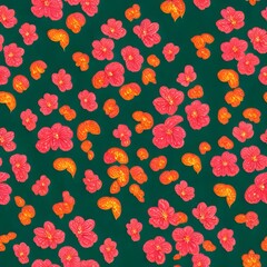 seamless texture of a green background with pink and orange flowers