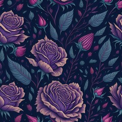 seamless texture of a blue and purple floral pattern with leaves and flowers