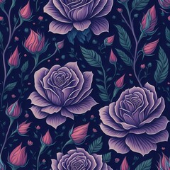 seamless texture of  a blue and purple floral pattern with pink flowers