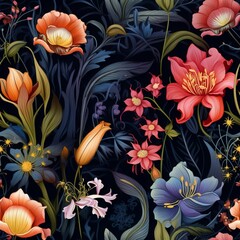 seamless texture of a bunch of flowers that are on a black background
