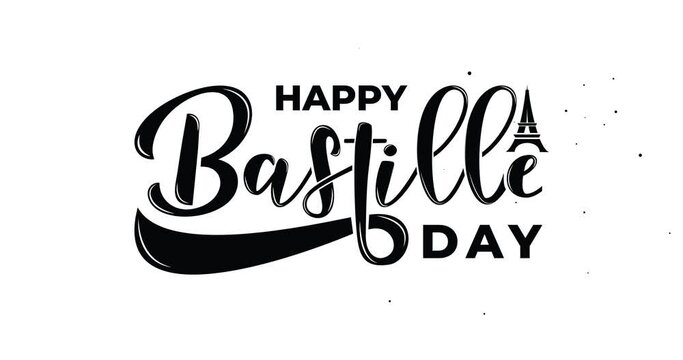 Happy Bastille Day Text Animation. Handwritten text modern calligraphy in 3 colors on the white Background Alpha channel. Great for Celebrations, and Festivals. Bonne fete nationale 14 juillet