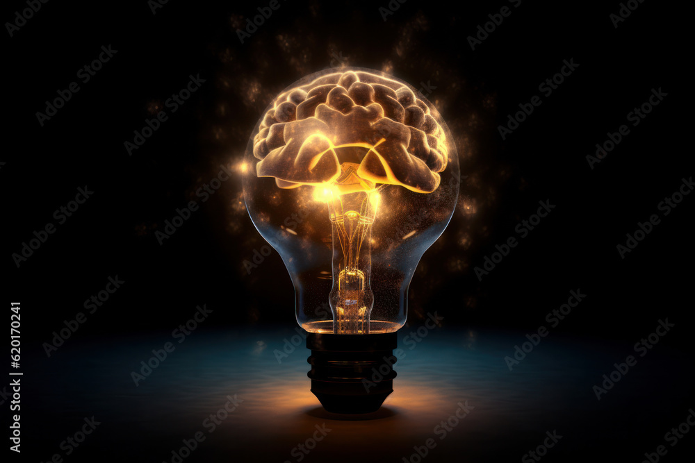 Poster innovative concept of a glowing brain inside a light bulb, symbolizing creativity and intelligence, 