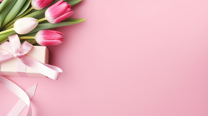 Valentines day mothers day background. Spring white tulip flower, gift box with red ribbon on flat lay pink background. Top view wedding love minimal concept