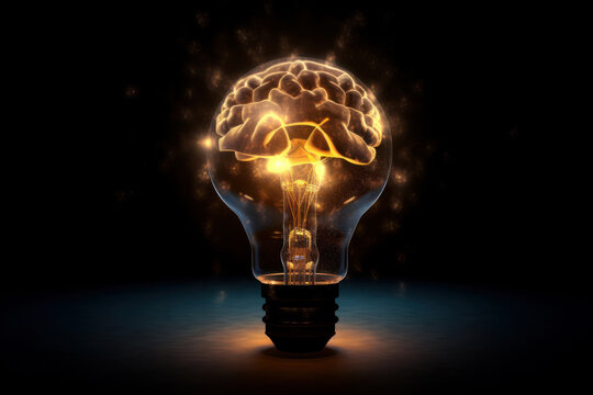 Innovative concept of a glowing brain inside a light bulb, symbolizing creativity and intelligence, perfect for tech and science projects. This image is AI Generative.