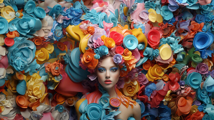 Fototapeta na wymiar Wunderschönes Frauen Gesicht mit fantastischen bunten Blumen als Haar und im Hintergrund dekoriert Nahaufnahme, ai generativ