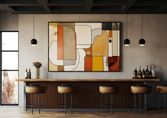interior of bauhaus style bar with large frame art on wall mockup