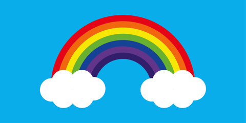 Cute rainbow with two white clouds on light blue background.