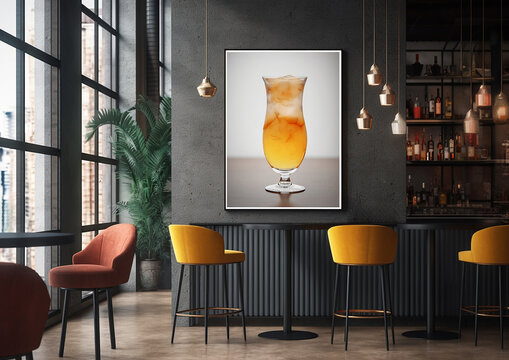interior of bauhaus style bar with frame art on wall mockup
