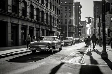 Black and white panorama of a busy street in New York City.