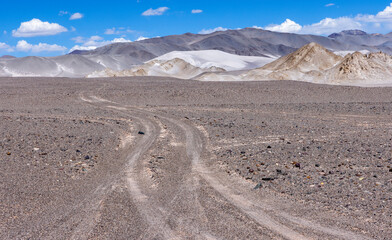 Puna - off road adventure on the way to the Campo de Piedra Pómez, a bizarre but beautiful landscape with a field of pumice, volcanic rocks and dunes of sand in the north of Argentina, South America 