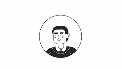 Young adult office intern bw 2D avatar round icon animation. Internship business outline cartoon 4K video, alpha channel. Caucasian guy animated person facial expression isolated on white background