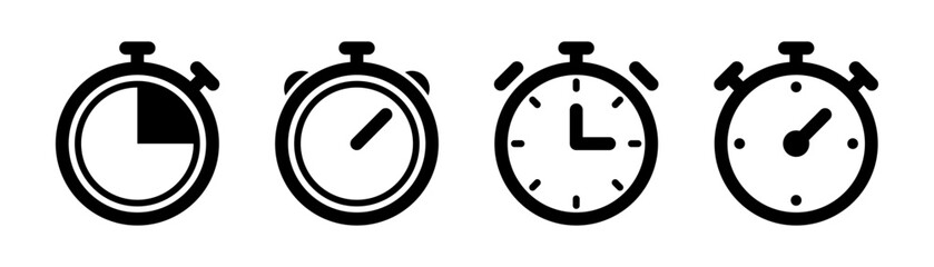 Stopwatch icons set. Timer symbol. Outline stopwatch icon. Alarm pictogram. Transparent stopwatch in line. Timer icon in vector