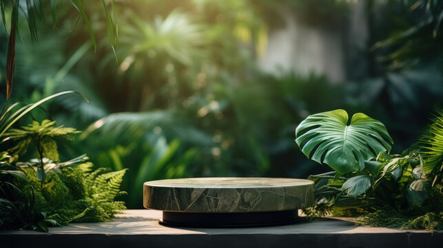 Fototapeta Podium pedestal in tropical forest garden green plant. Nature and Organic cosmetic and food presentation theme. Natural product present placement display, spring summer concept. Generative AI