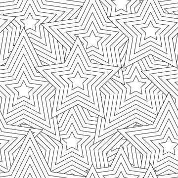 Black and white seamless pattern for coloring book in doodle style. Polygons, Stars.