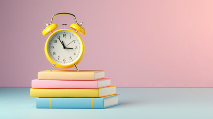 Stack of books with alarm clock on top isolated on pink background. Back to school concept. Illustration in realistic 3D style in pastel colors. AI Generated.