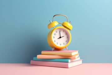 Stack of books with alarm clock on top isolated on blue background. Back to school concept. Illustration in realistic 3D style in pastel colors. AI Generated.