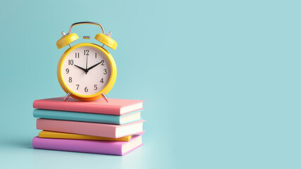 Stack of books with alarm clock on top isolated on blue background. Back to school concept. Illustration in realistic 3D style in pastel colors. AI Generated. - obrazy, fototapety, plakaty