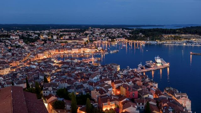 Amazing  aerial hyperlapse of Rovinj, Croatia at night