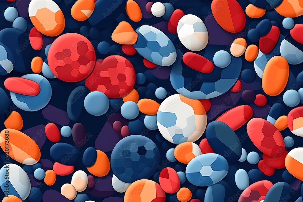 Poster a large number of balls of different hues floating in the air.