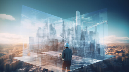construction engineer holding plan in double exposure. Generative AI