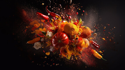 Explosion of spices against a dark background.  - obrazy, fototapety, plakaty