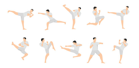 Set of Karate men doing some karate move. Flat vector illustration isolated on white background