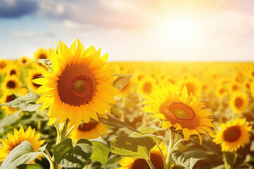 Sunflowers in sunlight close-up summer background. Ai generated