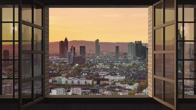 frankfurt skyline business city aerial view timelapse day to night,cityscape time lapse seen through the window,financial district
