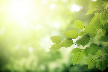 Branch with green leaves in sunlight, bokeh effect. Summer background. Ai generated