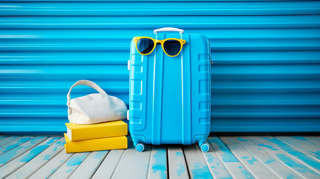 Suitcase with sunglasses ready for summer vacation. World travel concept.