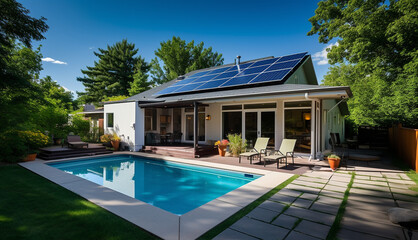 Fototapeta premium Solar panels on the roof of new modern built house, green energy from the sun in a modern and sustainable way. New technology