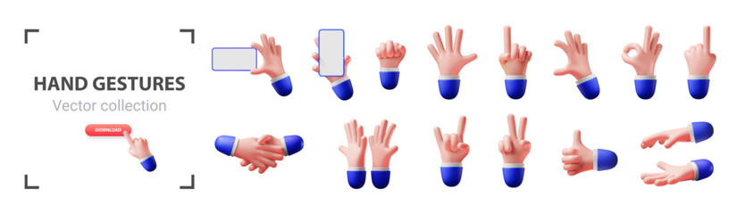 Collection of 3d hand gestures isolated on white background.