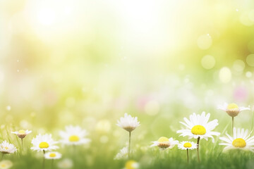 Fototapeta na wymiar Flower meadow with daisies in sunlight close-up summer background. Ai generated