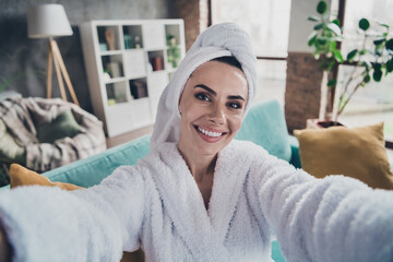 Portrait of positive lady rest relax saturday weekend have shower bath make selfie on comfort cozy apartment