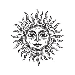 Sun with a face. Bohemian illustration. Mystical element for design in boho style, logo, tattoo