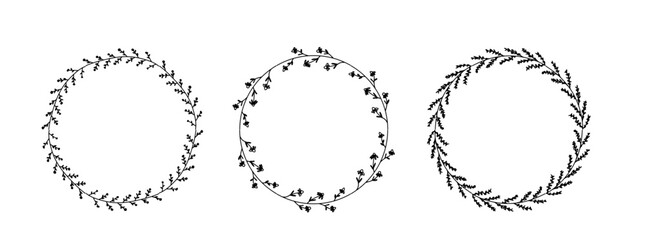 Set of hand drawn circle frame of flowers . Doodle vector illustration round plants, herbs for wedding design, logo and greeting card. Isolated on white