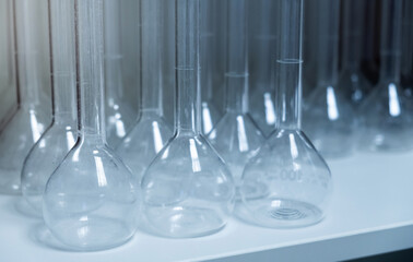 medical glass flasks in the hospital on the table close-up