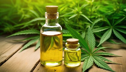 Obraz na płótnie Canvas Medical cannabis cbd oil in glass bottle and leafs